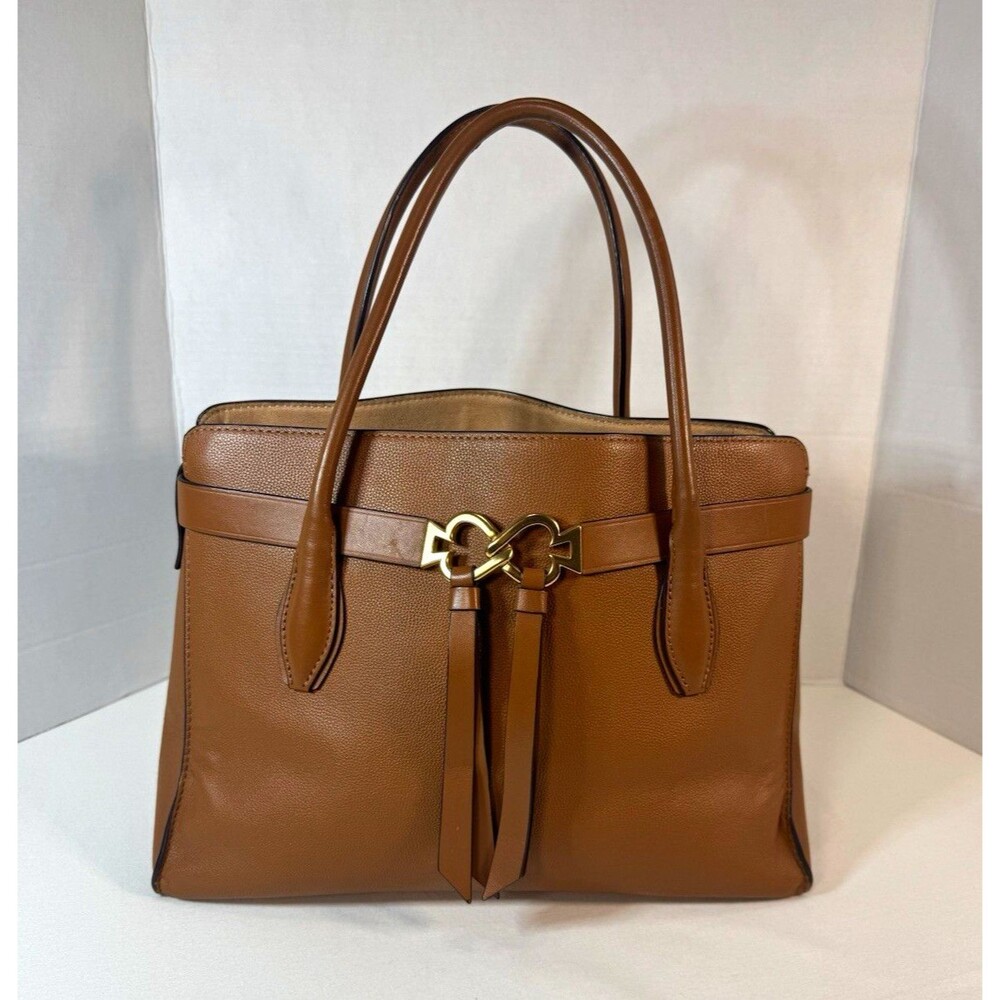 Kate Spade New York Large Brown Pebbled Leather Satchel Zip Double Handle Charm